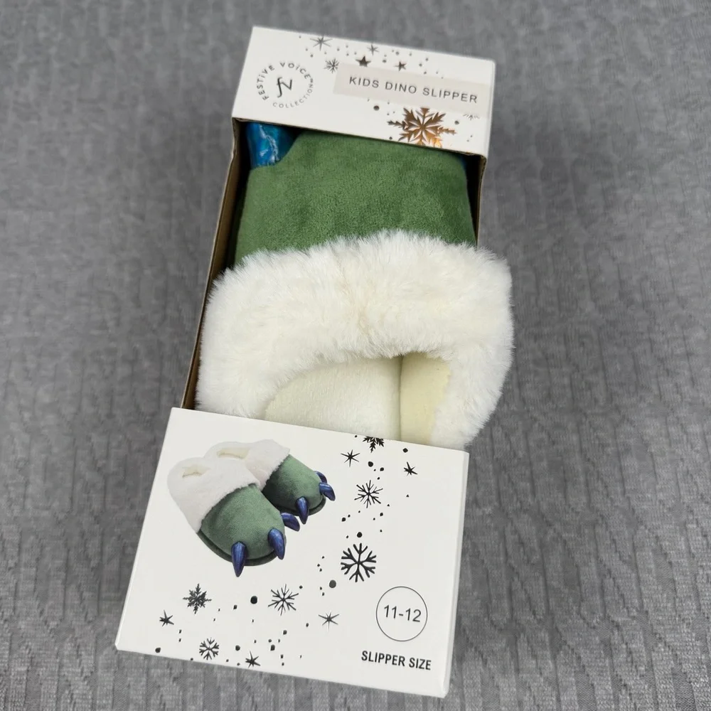 Green and White Dino Kids Claw Slippers